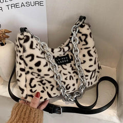 Leopard Stripes Small Faux Fur Tote Bag Women Winter Crossbody Handbags