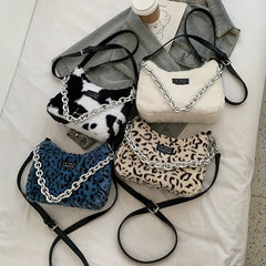 Leopard Stripes Small Faux Fur Tote Bag Women Winter Crossbody Handbags