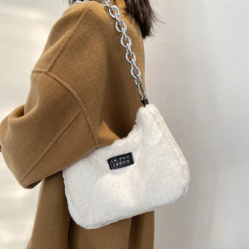 Leopard Stripes Small Faux Fur Tote Bag Women Winter Crossbody Handbags