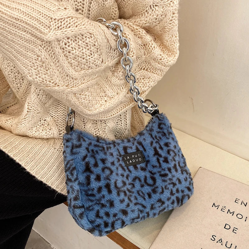 Leopard Stripes Small Faux Fur Tote Bag Women Winter Crossbody Handbags