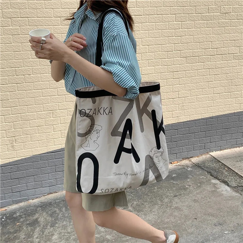 Letter Canvas Women's Shoulder Bag Large Capacity Girls Book Tote Handbags