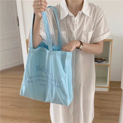 Letter Embroidered Women Canvas Shoulder Bag Large Capacity Ladies Shopper Bag