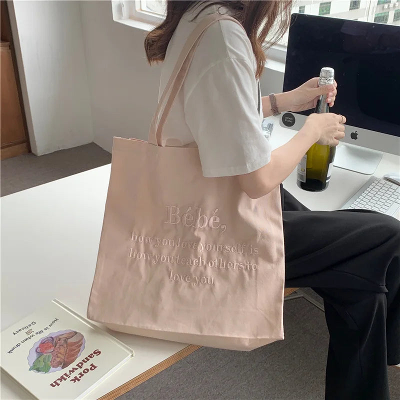 Letter Embroidered Women Canvas Shoulder Bag Large Capacity Ladies Shopper Bag