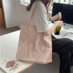 Letter Embroidered Women Canvas Shoulder Bag Large Capacity Ladies Shopper Bag