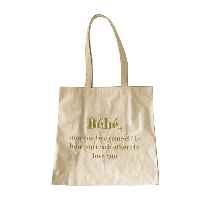 Letter Embroidery Canvas Shoulder Bag Women Girls Student Book Tote Handbag