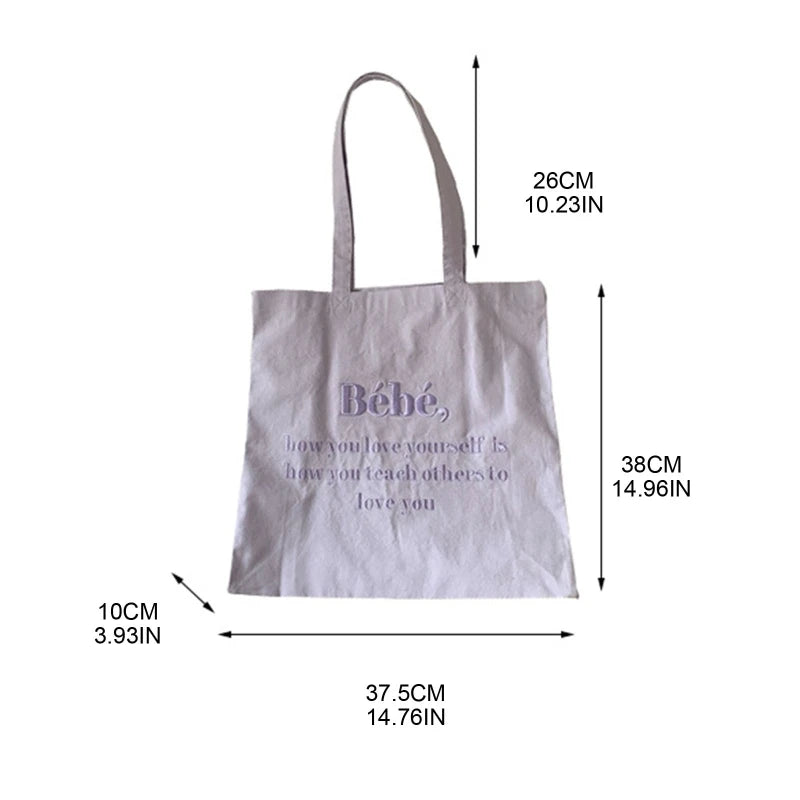 Letter Embroidery Canvas Shoulder Bag Women Girls Student Book Tote Handbag