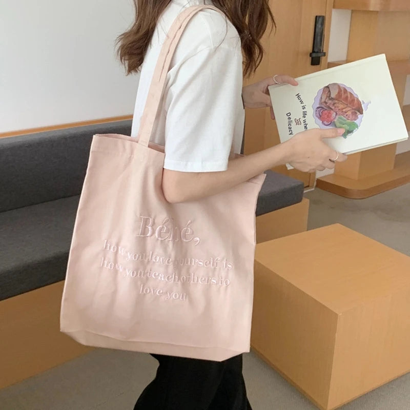 Letter Embroidery Canvas Shoulder Bag Women Girls Student Book Tote Handbag