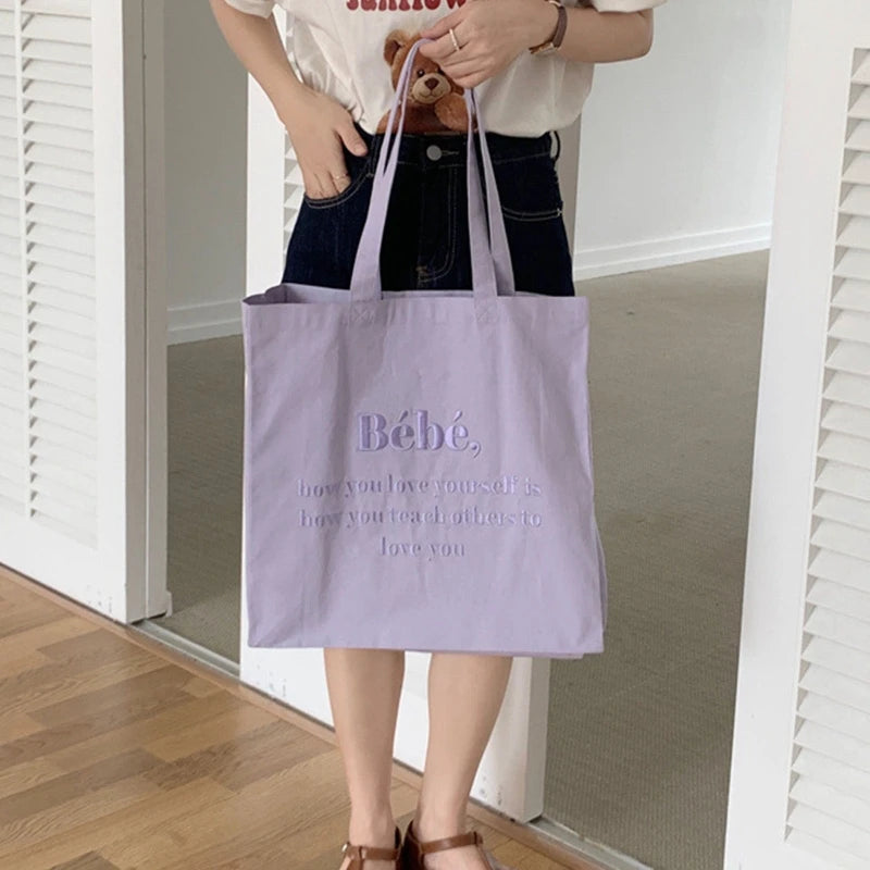 Letter Embroidery Canvas Shoulder Bag Women Girls Student Book Tote Handbag