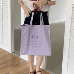 Letter Embroidery Canvas Shoulder Bag Women Girls Student Book Tote Handbag