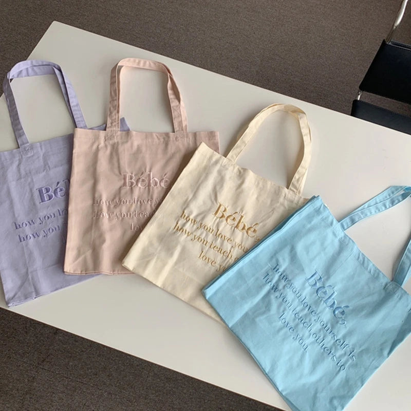 Letter Embroidery Canvas Shoulder Bag Women Girls Student Book Tote Handbag