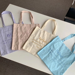 Letter Embroidery Canvas Shoulder Bag Women Girls Student Book Tote Handbag