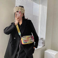 Letter Graffiti PU Leather Crossbody Bag Women Shoulder Handbag