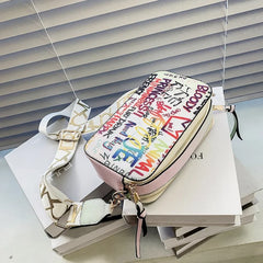 Letter Graffiti PU Leather Crossbody Bag Women Shoulder Handbag Purses