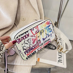 Letter Graffiti PU Leather Crossbody Bag Women Shoulder Handbag Purses