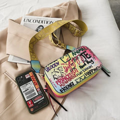 Letter Graffiti PU Leather Crossbody Bag Women Shoulder Handbag Purses