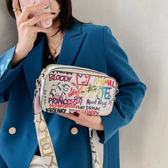 Letter Graffiti PU Leather Crossbody Bag Women Shoulder Handbag Purses