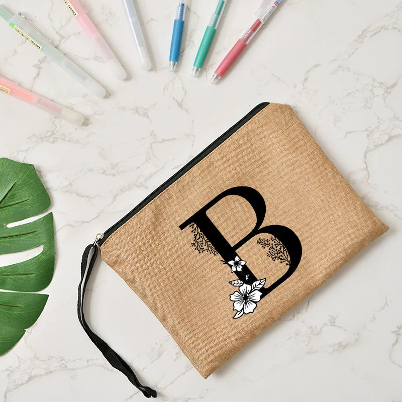 Letter Print Women Cosmetic Bag Makeup Bag Classic Organizer Bag Linen Zipper