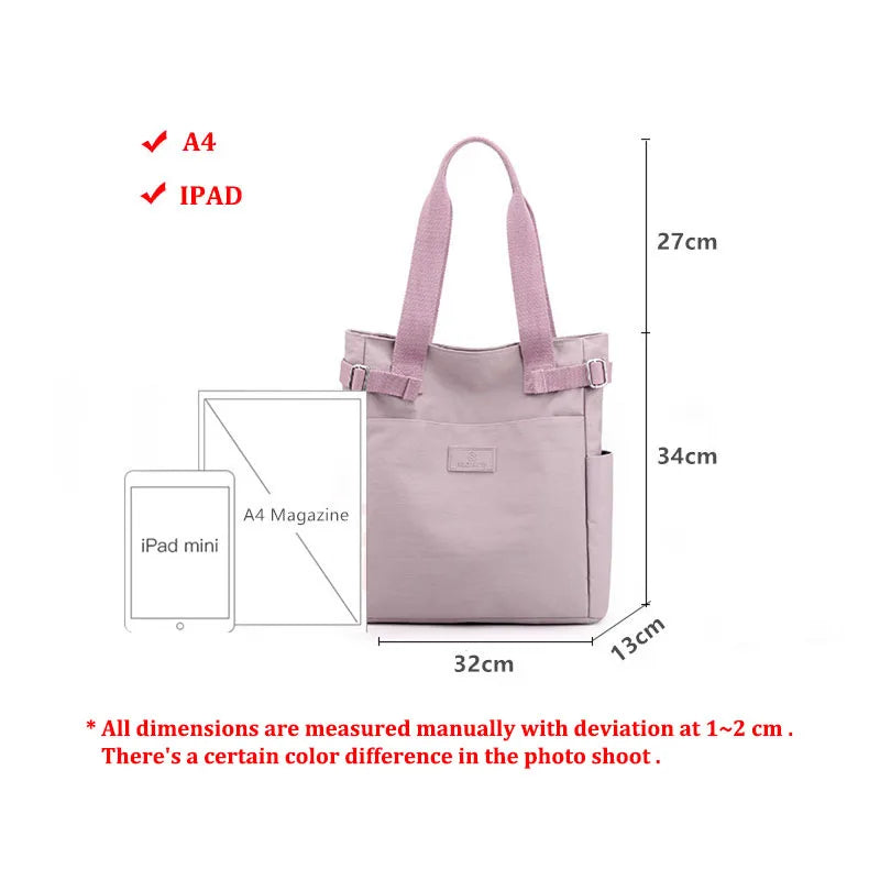 Nylon Fabric Tote Shoulder Bag for Women Large A4 Casual Handbag with Zipper