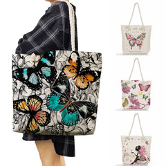 Linen Women Tote Bag Floral Butterfly Print Handbag High Capacity Eco Reusable