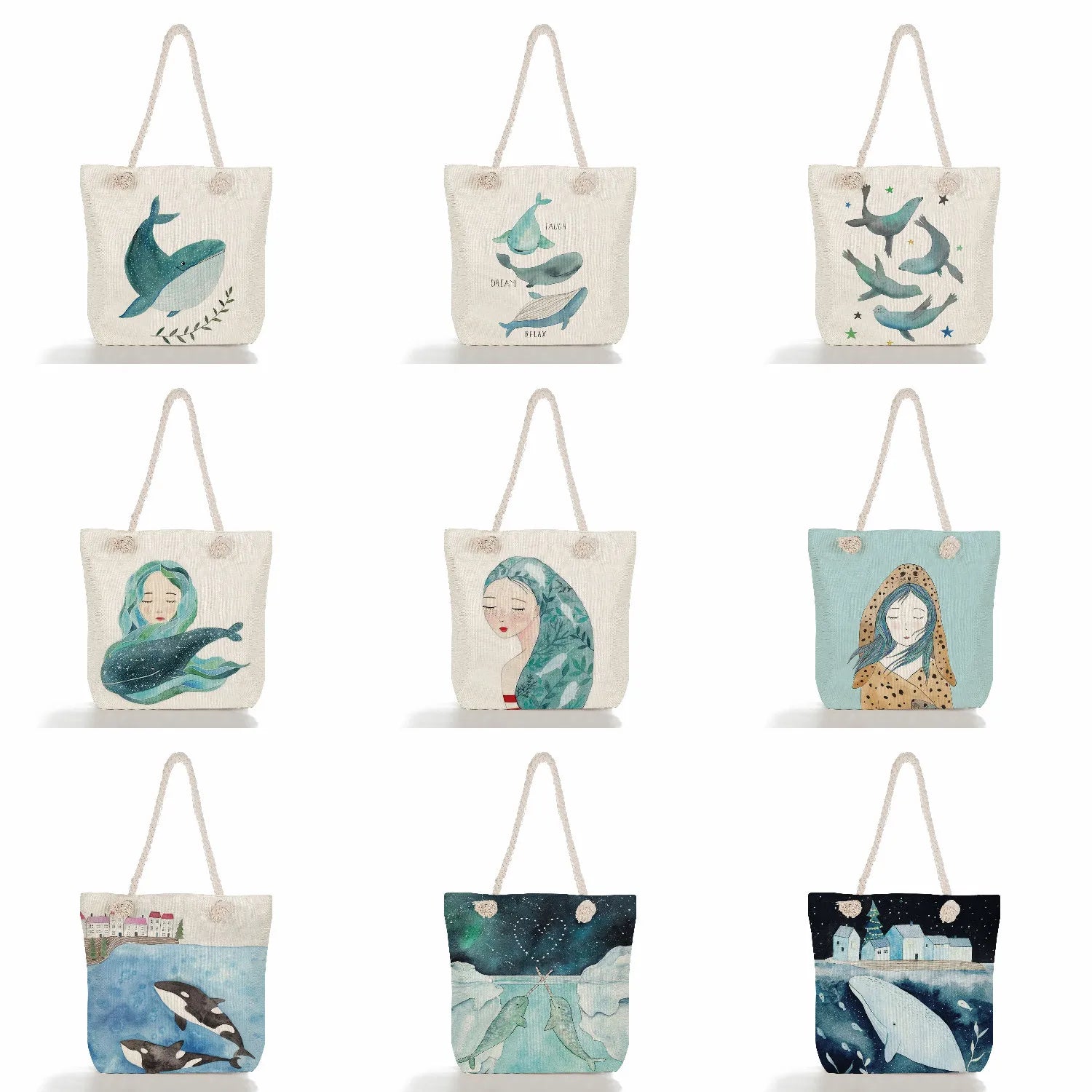 Linen Women Tote Whale Girl Printed Handbags Eco Shopping Bag Sea Series