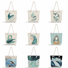 Linen Women Tote Whale Girl Printed Handbags Eco Shopping Bag Sea Series