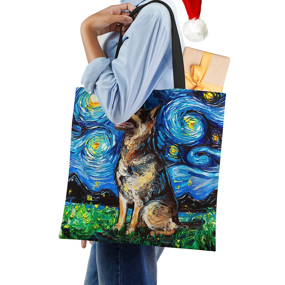 Lion Dog Print Women Canvas Shoulder Bag Casual Shopper Handbag