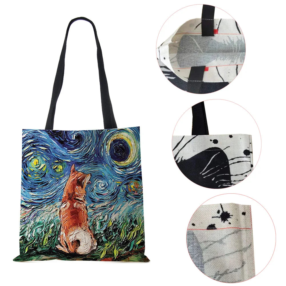Lion Dog Print Women Canvas Shoulder Bag Casual Shopper Handbag