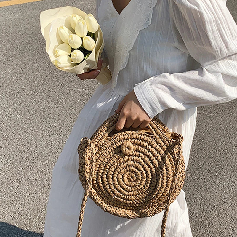 Summer Crossbody Bag Rattan Handbag Straw Round Beach Shoulder Bag