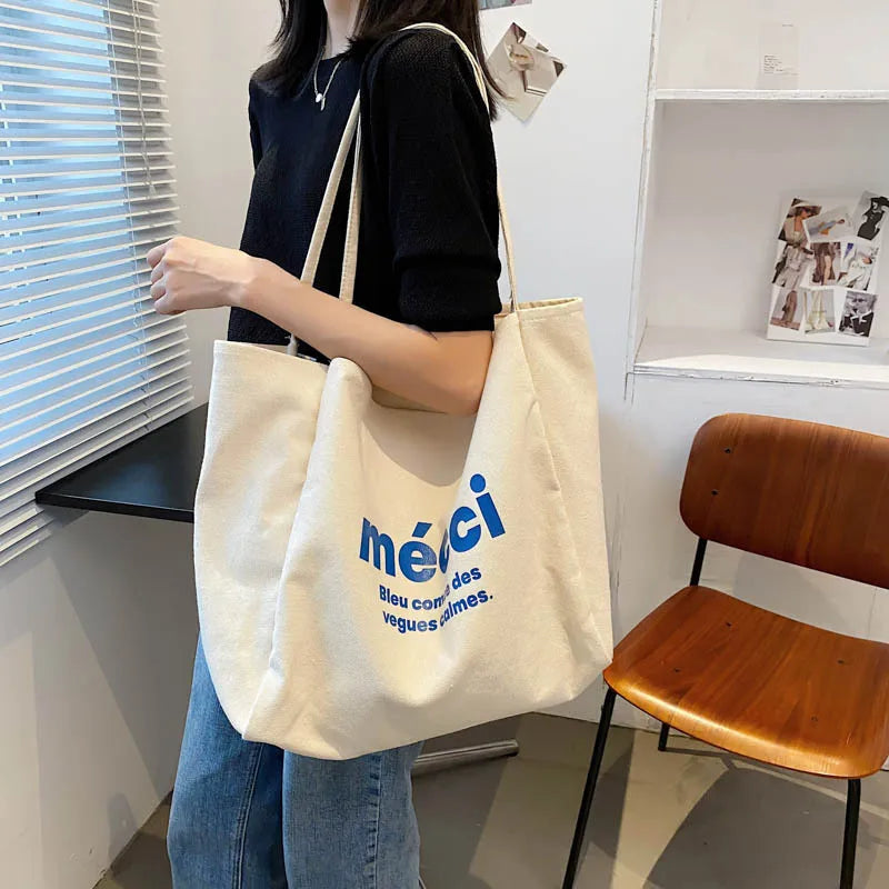 Women Canvas Handbag Large Capacity Student Bookbag Daily Shopping Bags