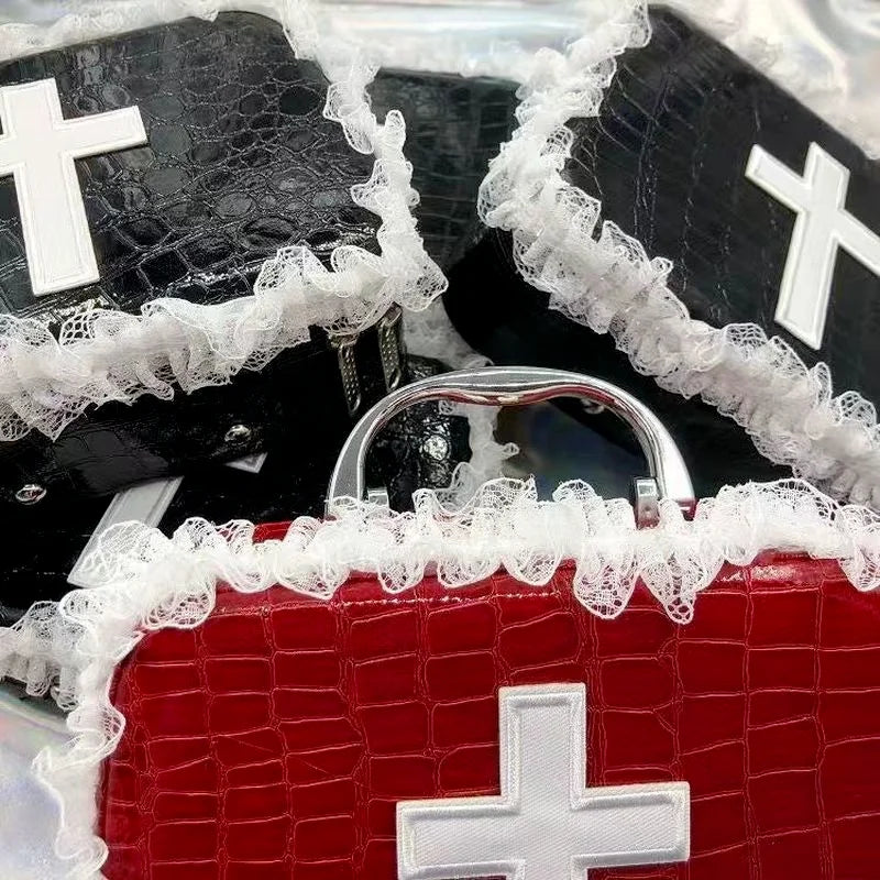 Lolita Gothic Lace Stitching Mini Square Bag Women Red