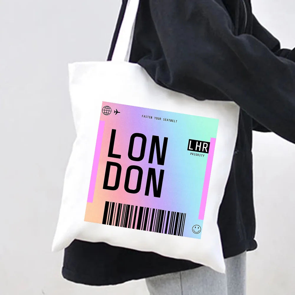 London York Paris Boarding Pass Rainbow Women Canvas Shoulder Bag