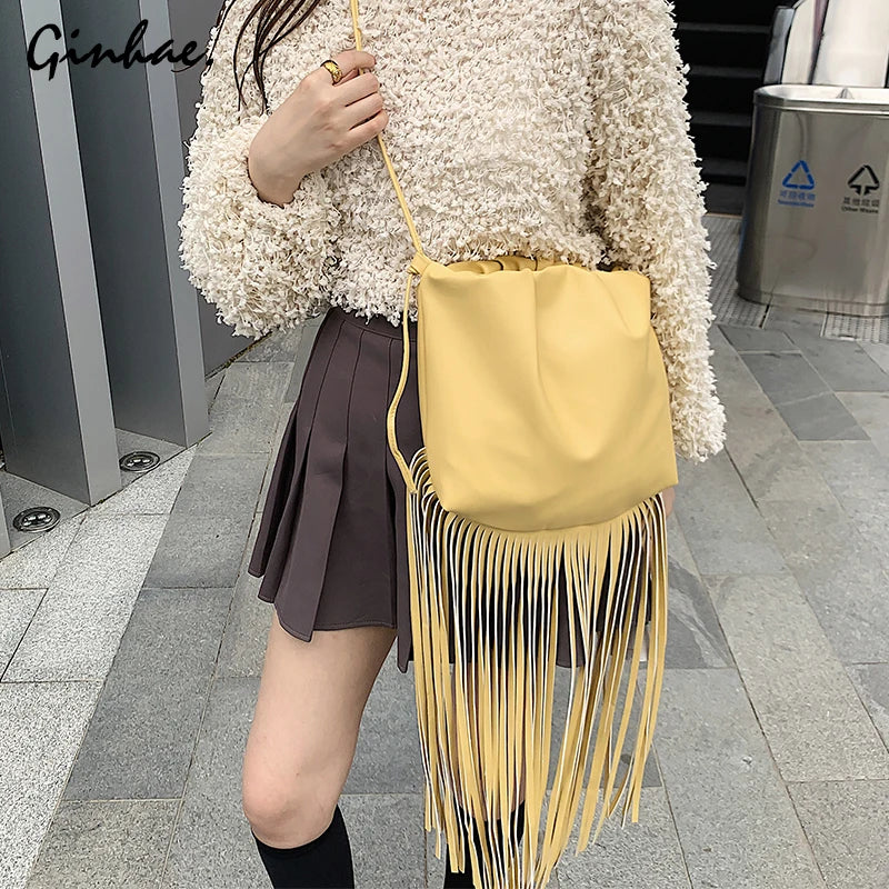 Long Tassel Shoulder Bag Women PU Leather Handbag Female Crossbody Bag