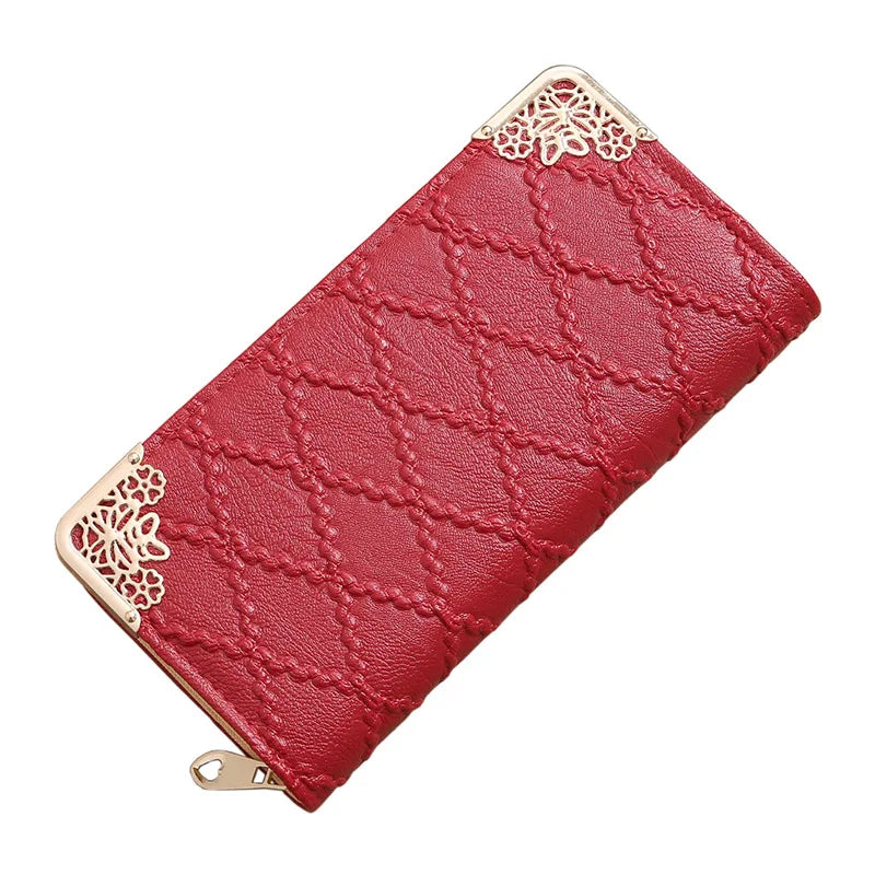 Long Wallet Women Purses Hollow Embossed Lingge Wallet Lady Sweet Clutch Wallet