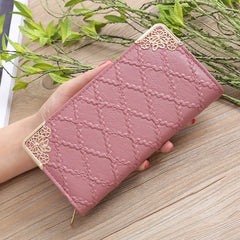 Long Wallet Women Purses Hollow Embossed Lingge Wallet Lady Sweet Clutch Wallet