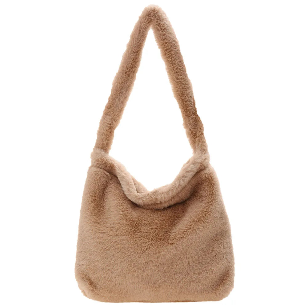 Heart Print Plush Shoulder Bag Leopard Handbag Warm Fluffy Bucket Bag