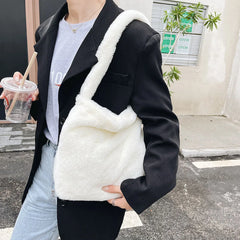 Heart Print Plush Shoulder Bag Leopard Handbag Warm Fluffy Bucket Bag