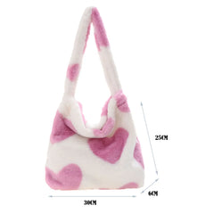 Heart Print Plush Shoulder Bag Leopard Handbag Warm Fluffy Bucket Bag