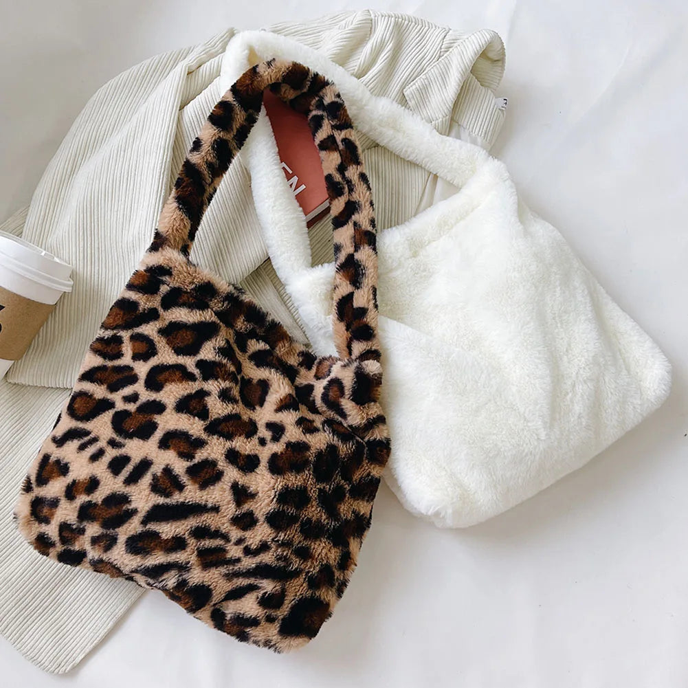 Heart Print Plush Shoulder Bag Leopard Handbag Warm Fluffy Bucket Bag