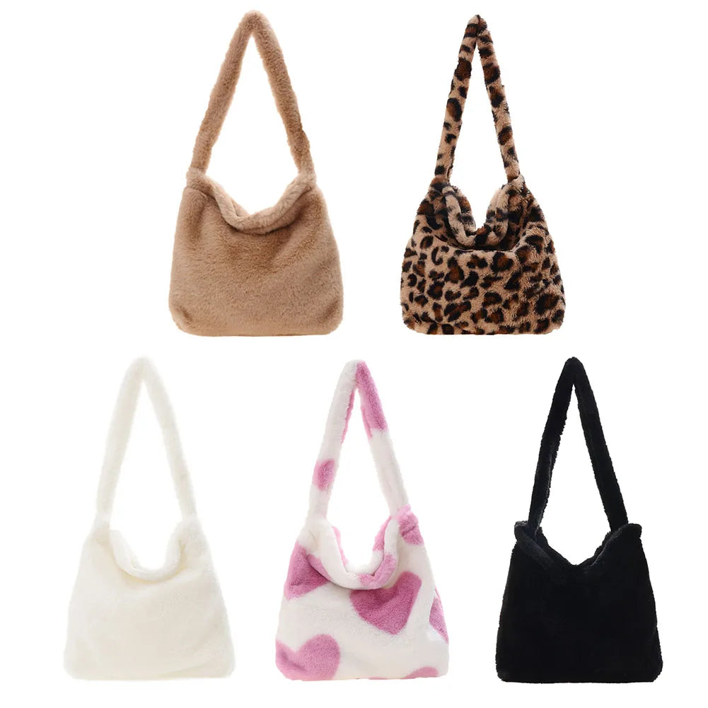 Heart Print Plush Shoulder Bag Leopard Handbag Warm Fluffy Bucket Bag