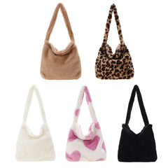 Heart Print Plush Shoulder Bag Leopard Handbag Warm Fluffy Bucket Bag