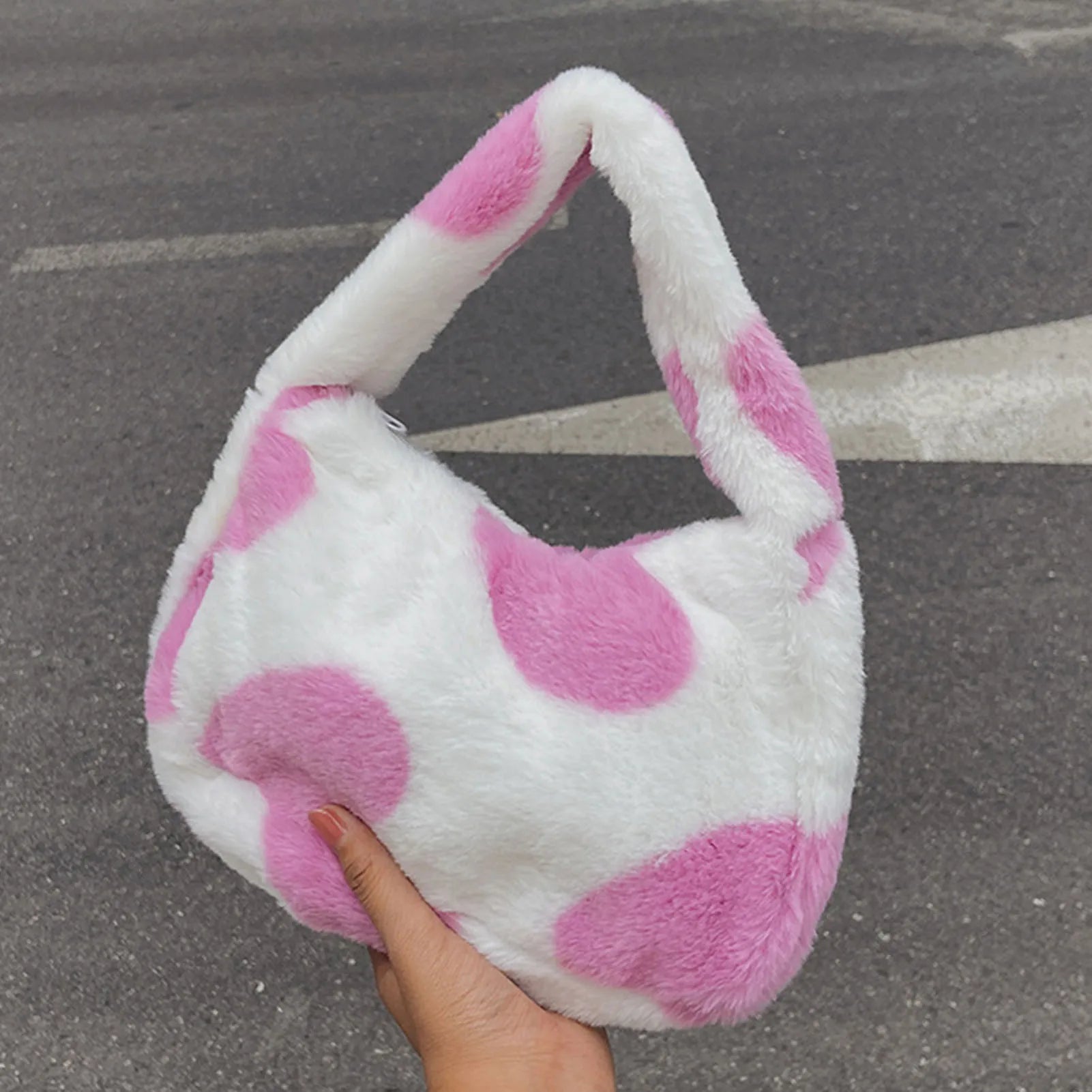 Love Heart Print Plush Shoulder Bag for Women Large Capacity Bucket Bag