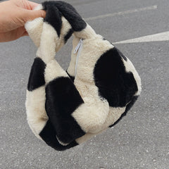 Love Heart Print Plush Shoulder Bag for Women Large Capacity Bucket Bag