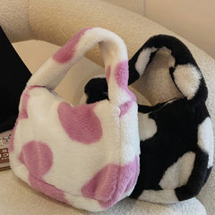 Love Heart Print Plush Shoulder Bag for Women Large Capacity Bucket Bag