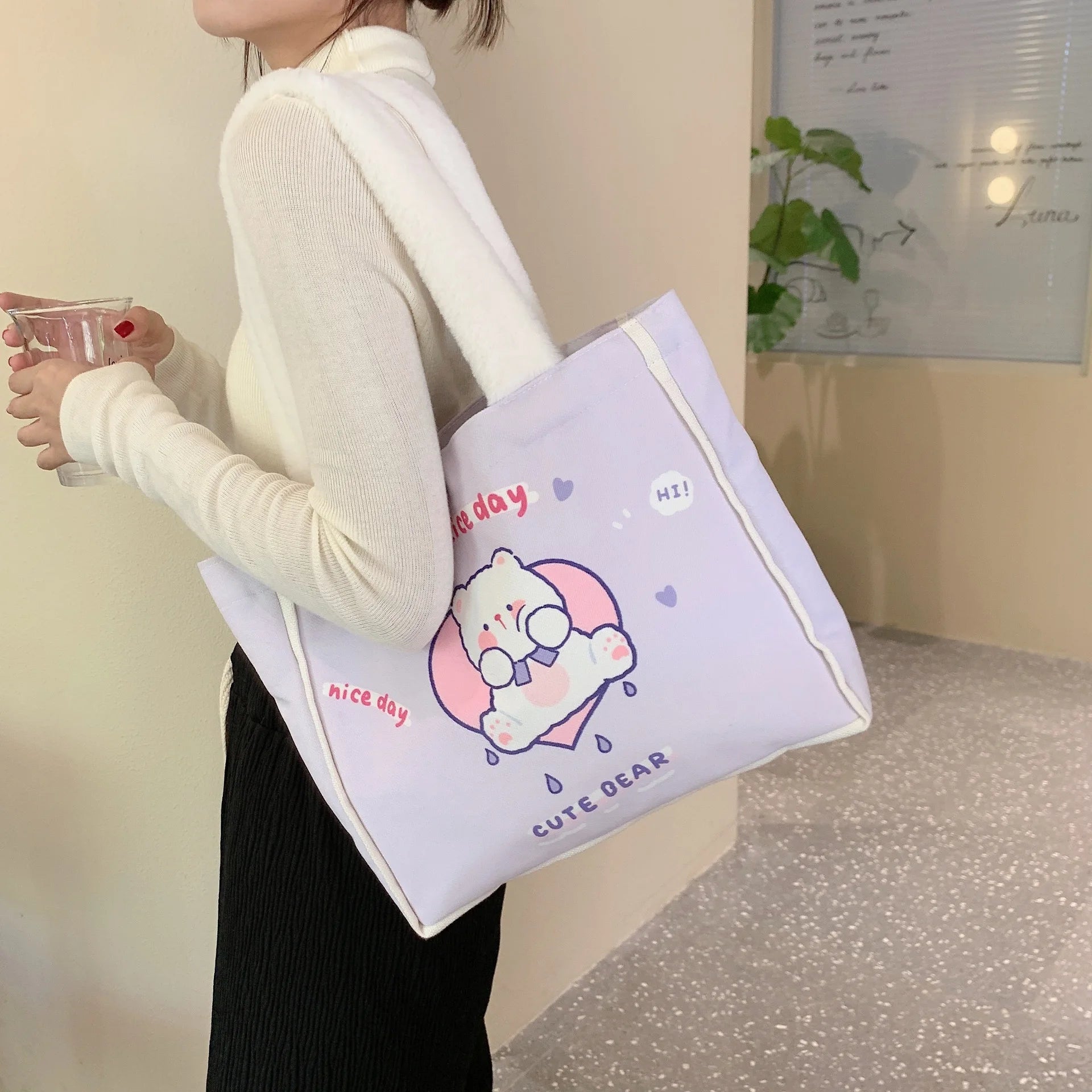 Animal Pattern Women's Canvas Shoulder Bags - Plush Handle Tote Handbags