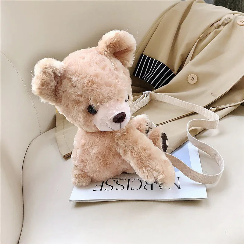 Cute Winter Faux Fur Messenger Handbag Teddy Bear Head Women Shoulder Bag