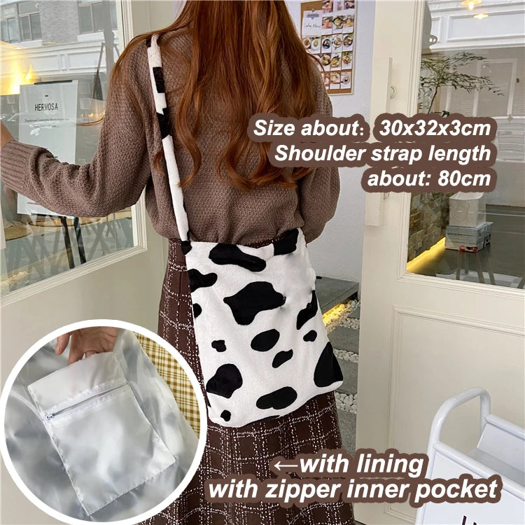 Cow Plush Messenger Bag Soft Shoulder Shopping Tote