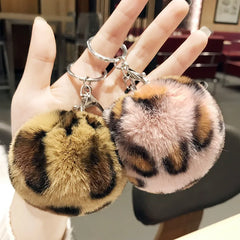 Leopard Print Pompom Keychain Girls Fluffy Keyring Faux Fur Ball Car Key Chain