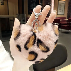 Leopard Print Pompom Keychain Girls Fluffy Keyring Faux Fur Ball Car Key Chain