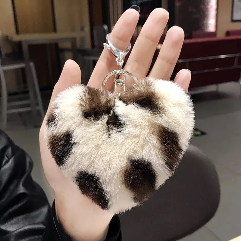 Leopard Print Pompom Keychain Girls Fluffy Keyring Faux Fur Ball Car Key Chain