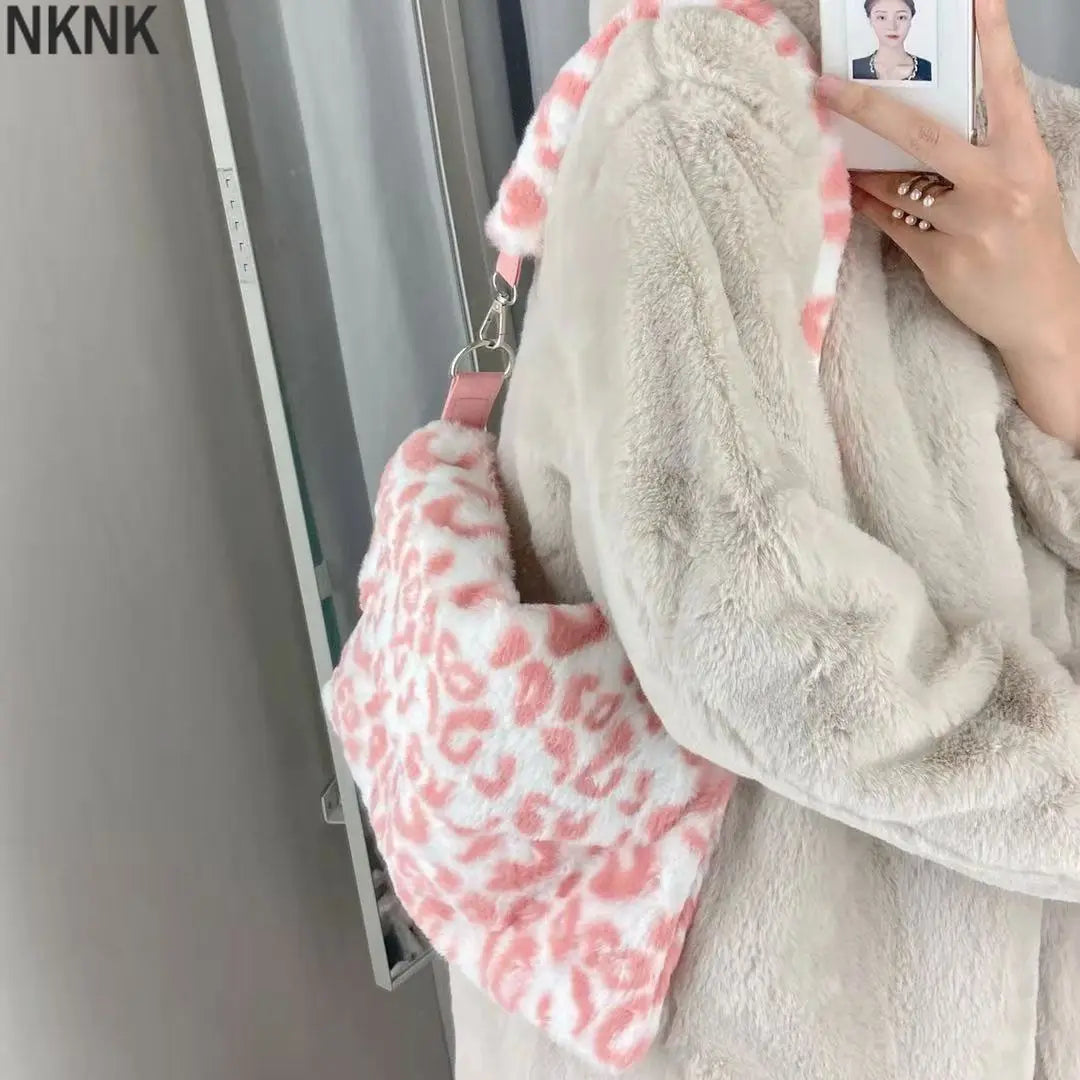 Pink Leopard Print Girls Furry Handbag Soft Plush Large Shoulder Bag